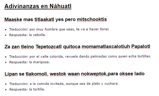 30 teka-teki di Nahuatl Diterjemahkan ke Bahasa Sepanyol (pendek)